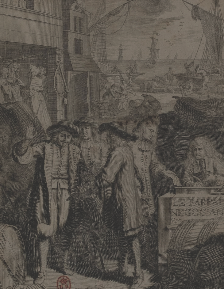 Gravure ancienne de négociants en vin sur le port de Bordeaux, illustration de stratégie de marque vin